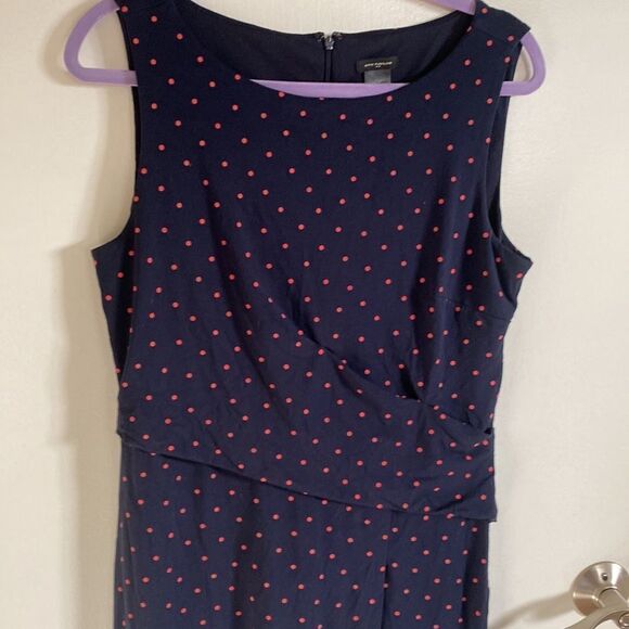 Ann Taylor Navy Polkadot Lined Dress with side ruching detail. - Size 10 - Picture 3 of 10